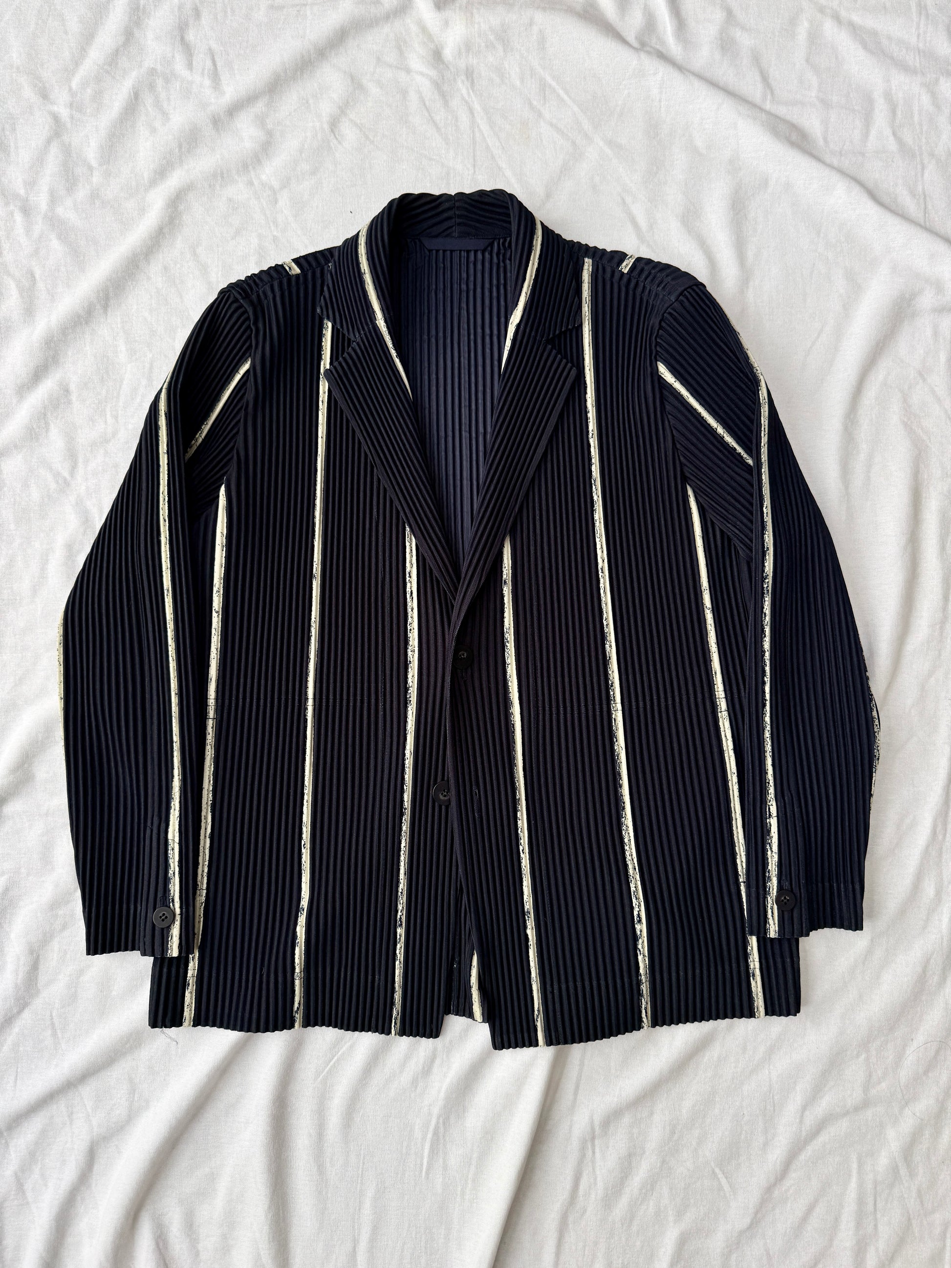 Issey Miyake Homme Plisse Pleated Single Breasted Jacket - Chalkstripe