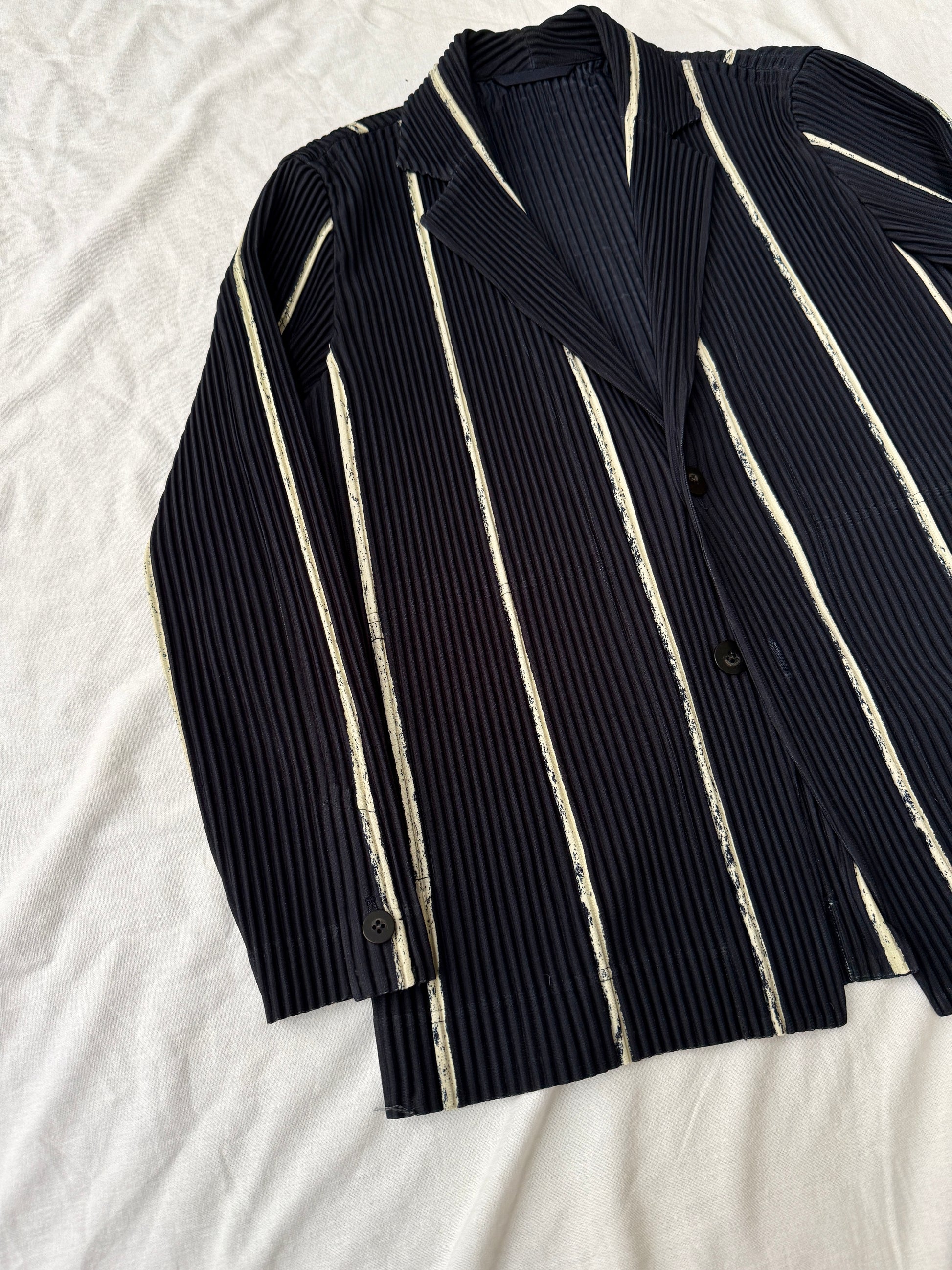 Issey Miyake Homme Plisse Pleated Single Breasted Jacket - Chalkstripe