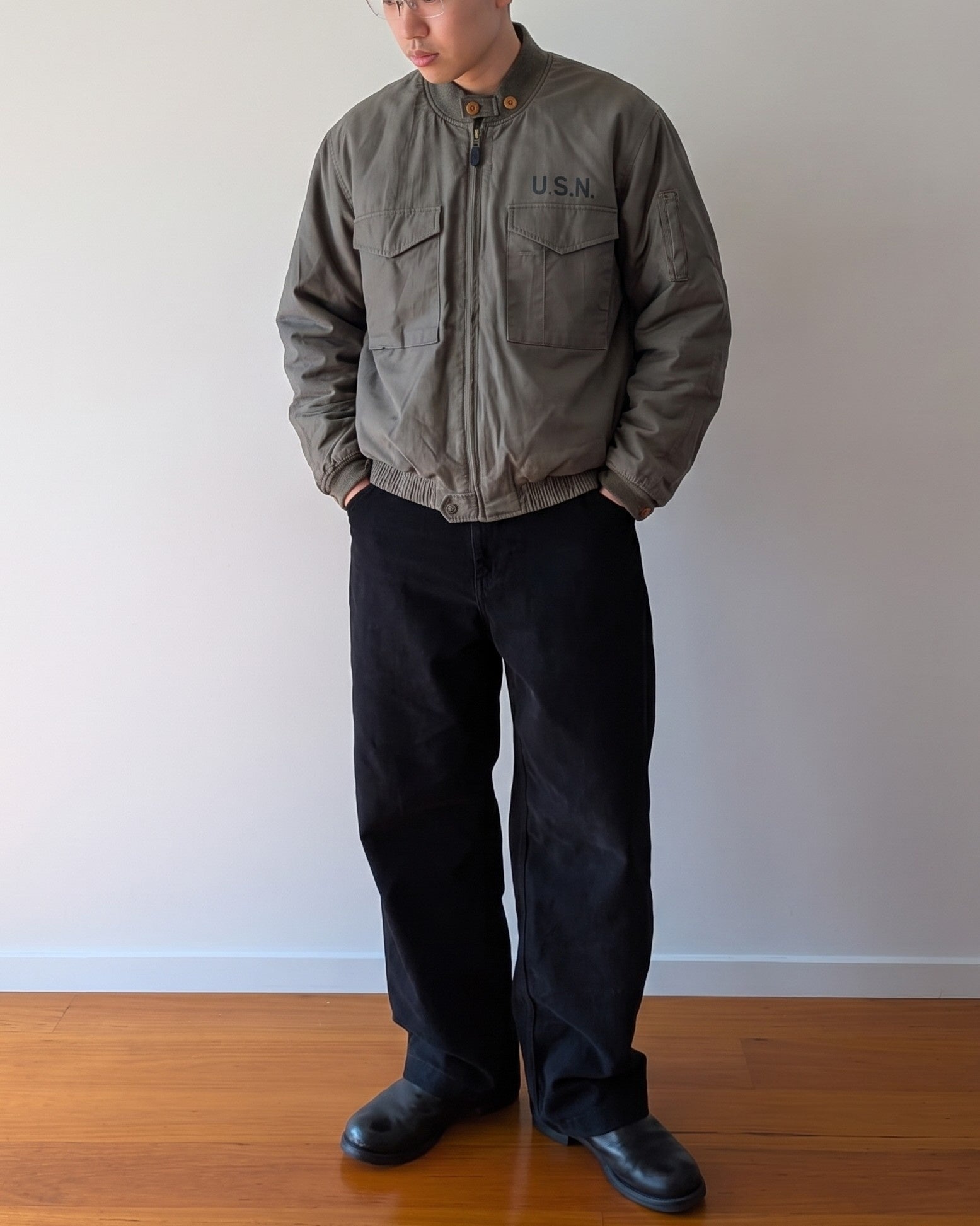 Vintage 90s USN WEP Padded Flight Jacket Olive XL