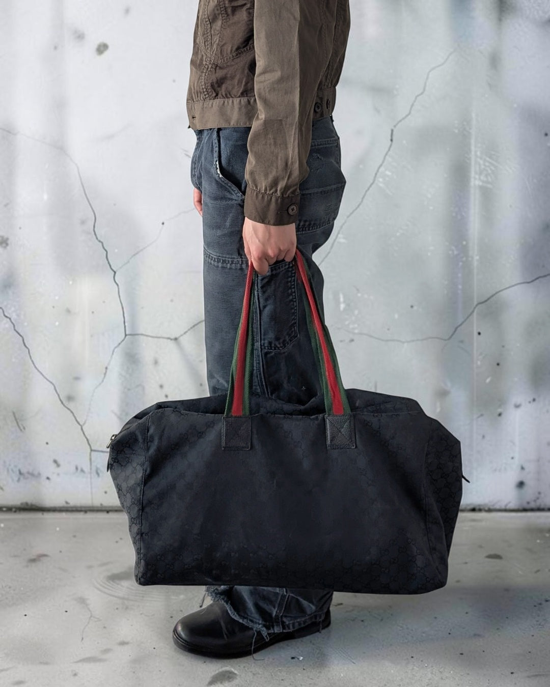 Gucci by Tom Ford Late 90s Dark Navy GG Monogram Web Stripe Duffle Bag