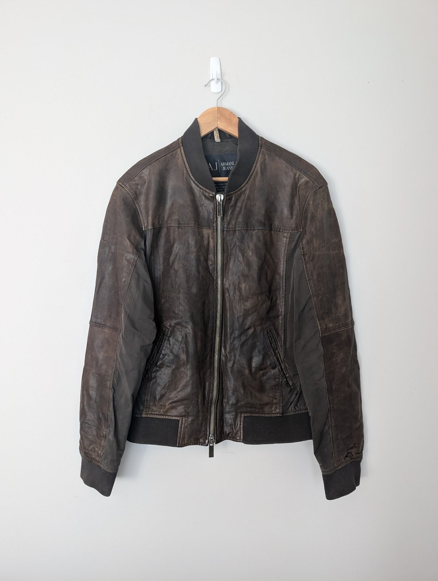 SĀN ARCHIVE GOODS Armani Jeans brown lambskin and polyester patchwork bomber jacket with ribbed collar and zip front