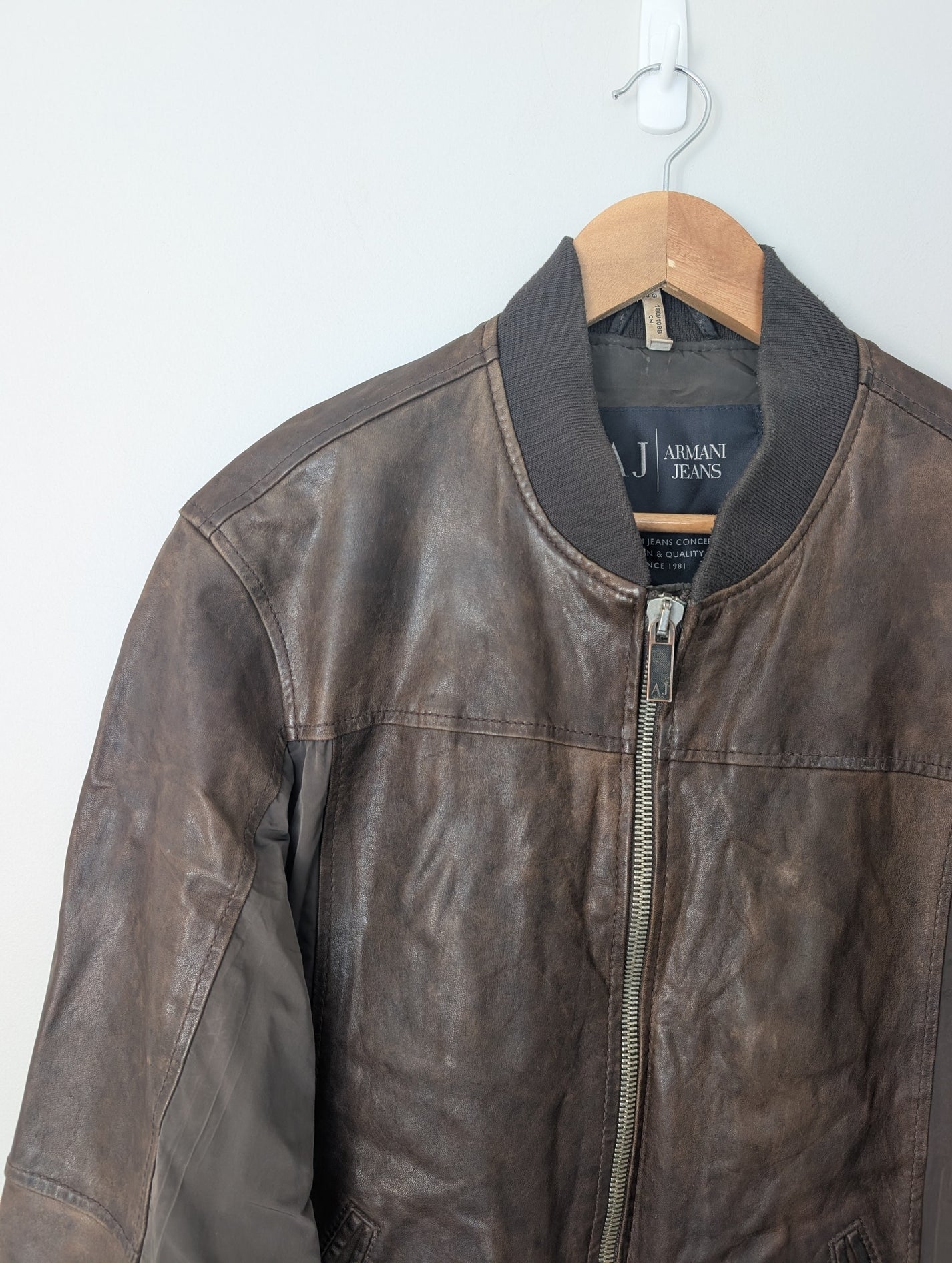 SĀN ARCHIVE GOODS Armani Jeans brown lambskin patchwork bomber jacket with ribbed collar and metal zip closure