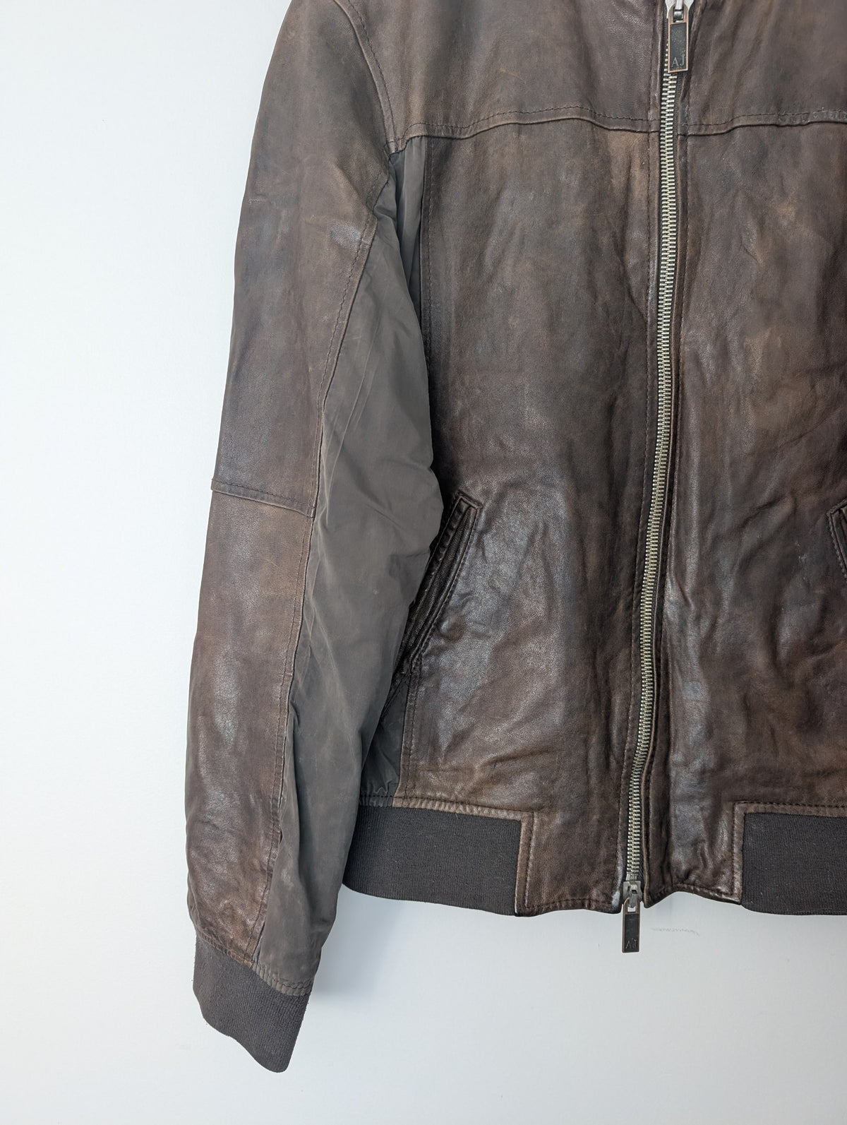 SĀN ARCHIVE GOODS Armani Jeans brown lambskin and polyester patchwork bomber jacket with ribbed cuffs and zip closure